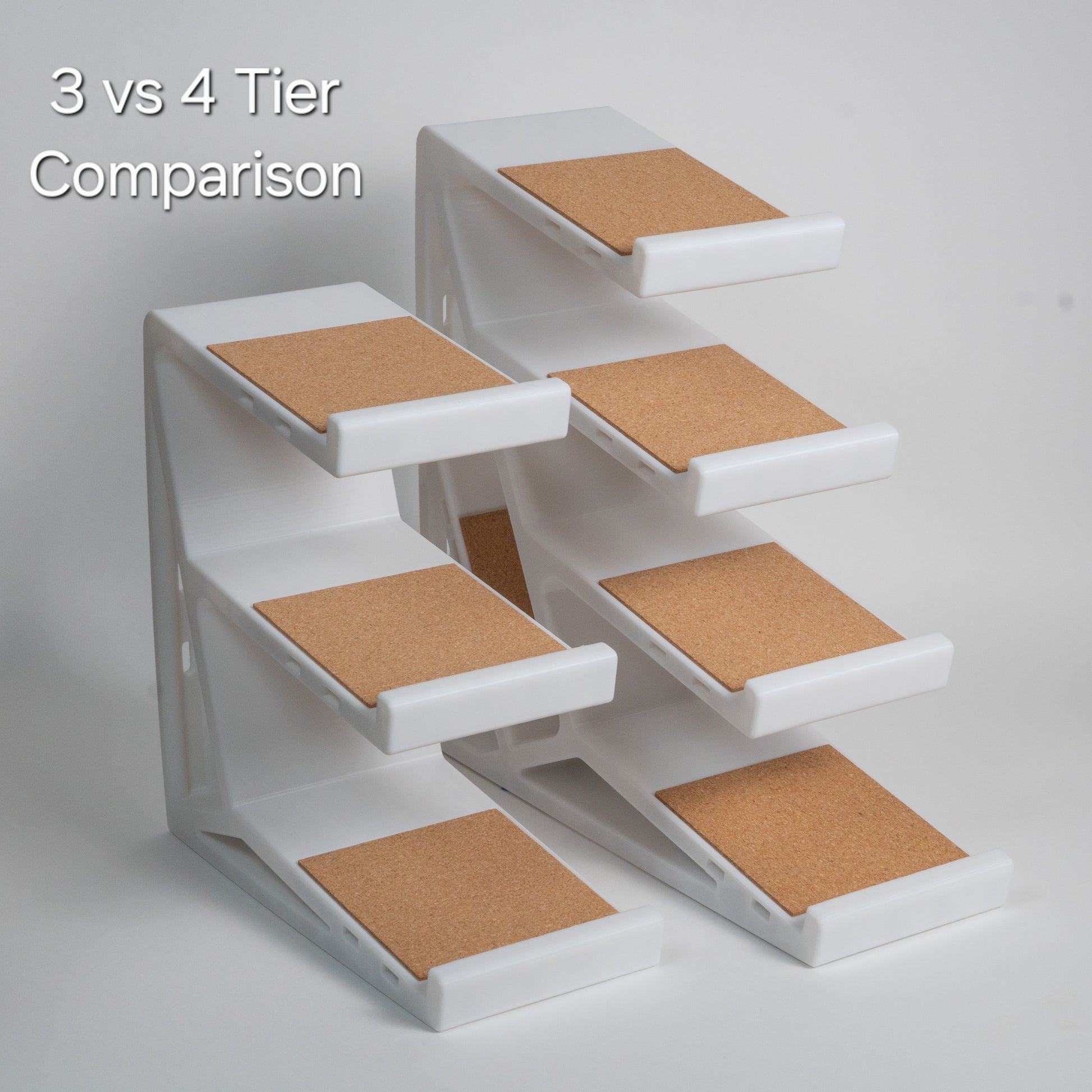Clackify 3-tier and 4-tier keyboard stands side by side for size comparison